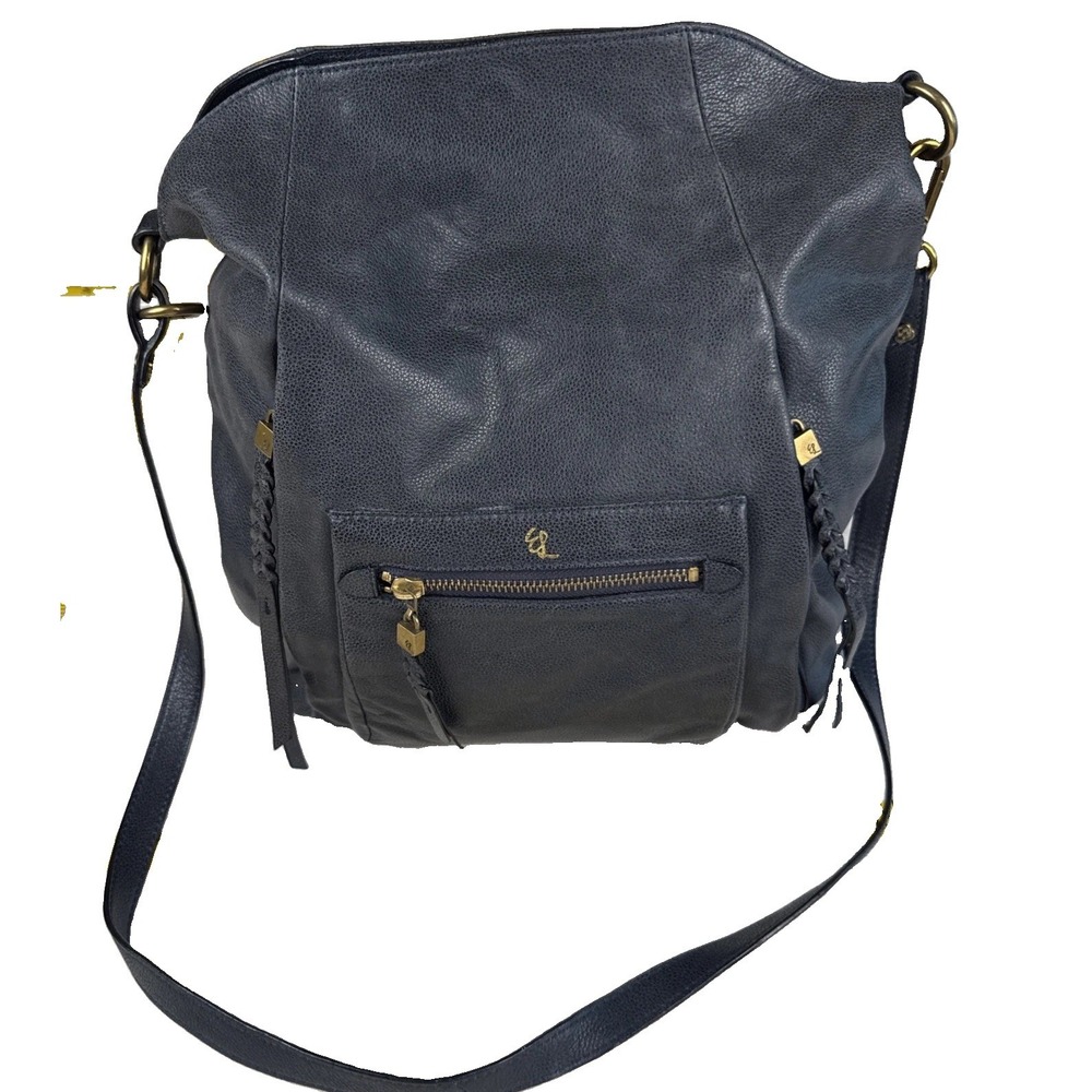 Elliott Lucca Olvera Navy Leather Handbag Purse Blue Pyramid Studded Bag Tote